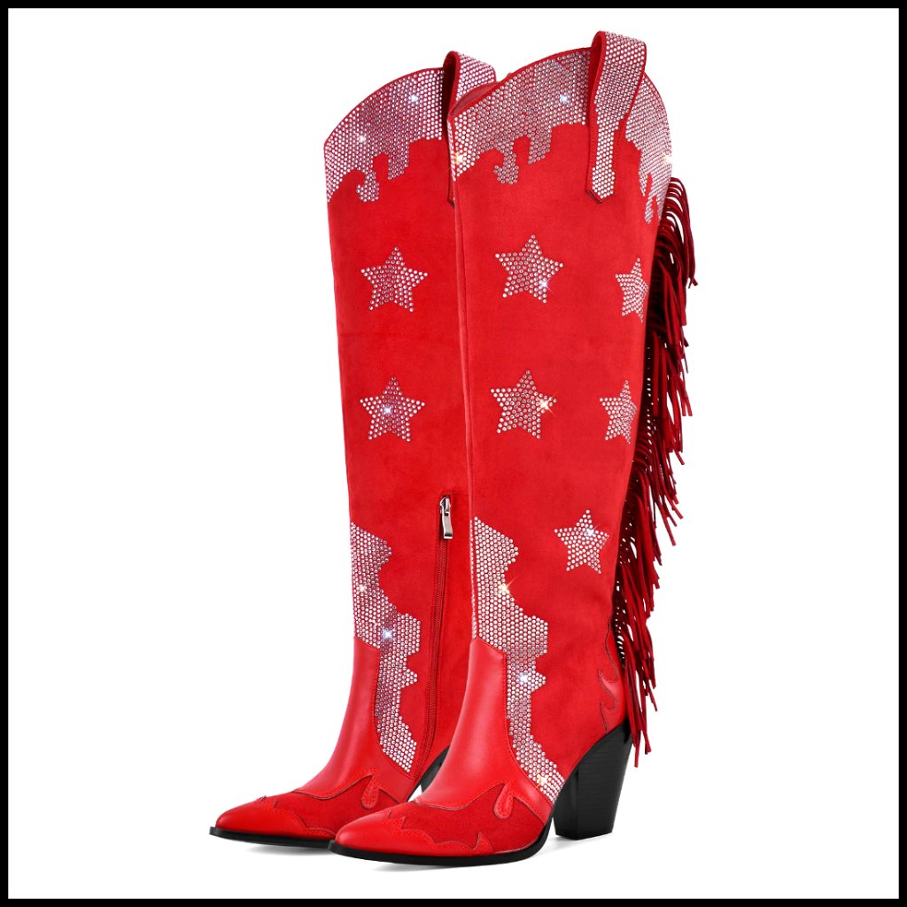 Thigh High Cowboy Boots With Fringe Rhinestone Star Embellishments